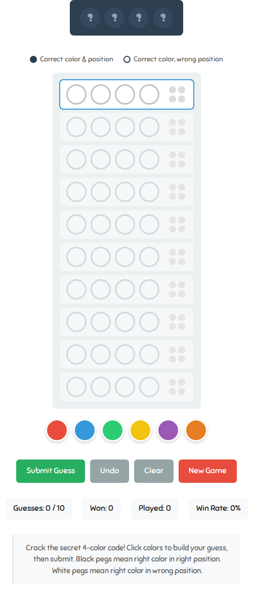 Mastermind Game - Code Breaking Puzzle - Free Online Puzzle Game